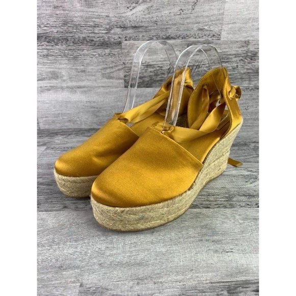 Tory Burch Shoes - Tory Burch Gold/Yellow Ankle Wrap Espadrille Wedges, 10M